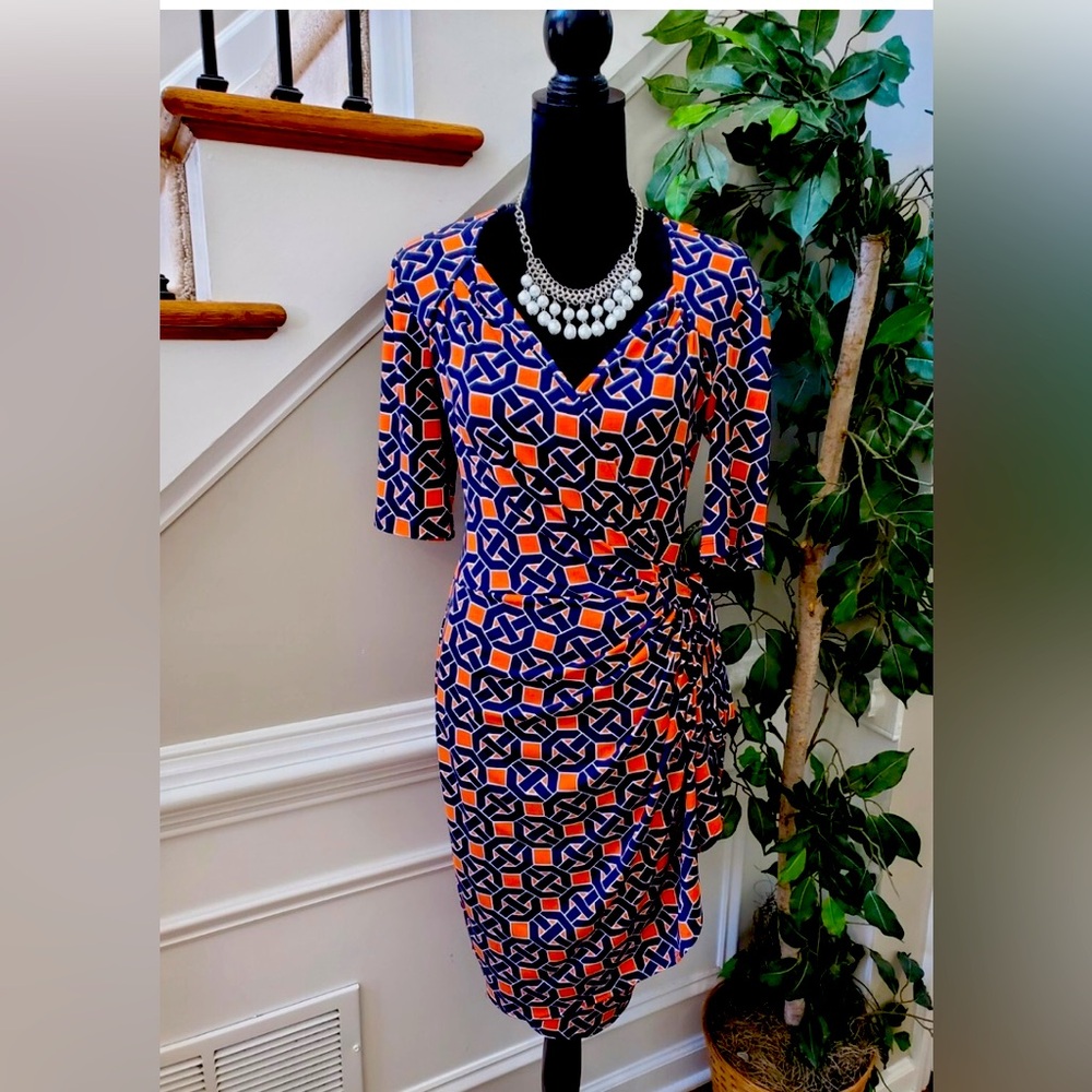 Maggy London Navy and Orange Geometric Midi Dress